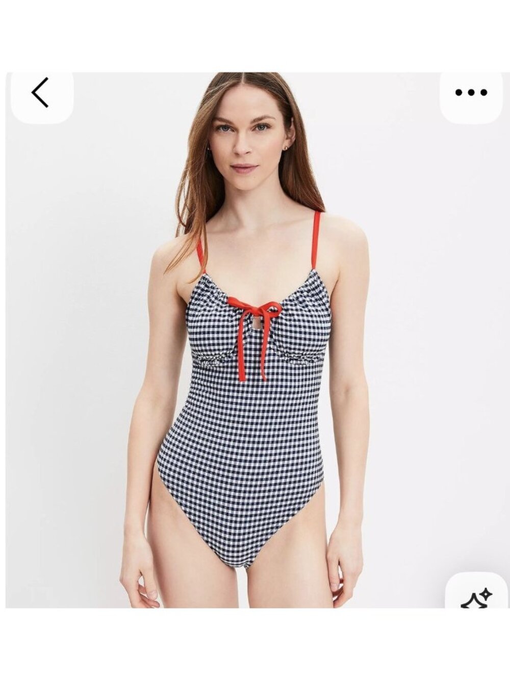 LOFT Women M One Piece Swimsuit Navy White Gingham Red Adjustable Straps